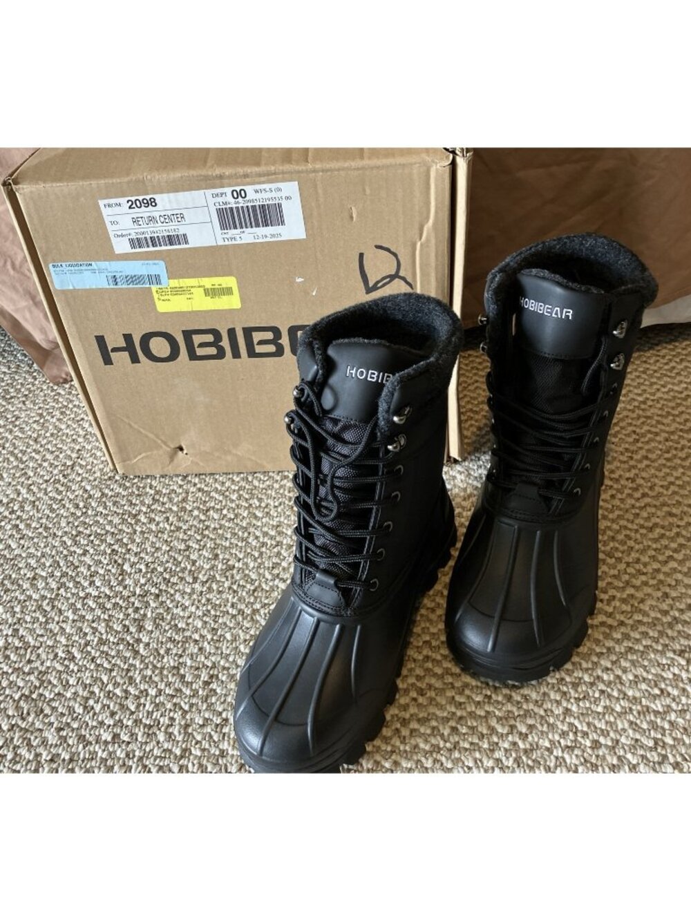 Hobibear Men’s Winter Boots Heavy Duty Sz 43/10 US Sherpa Lined Black